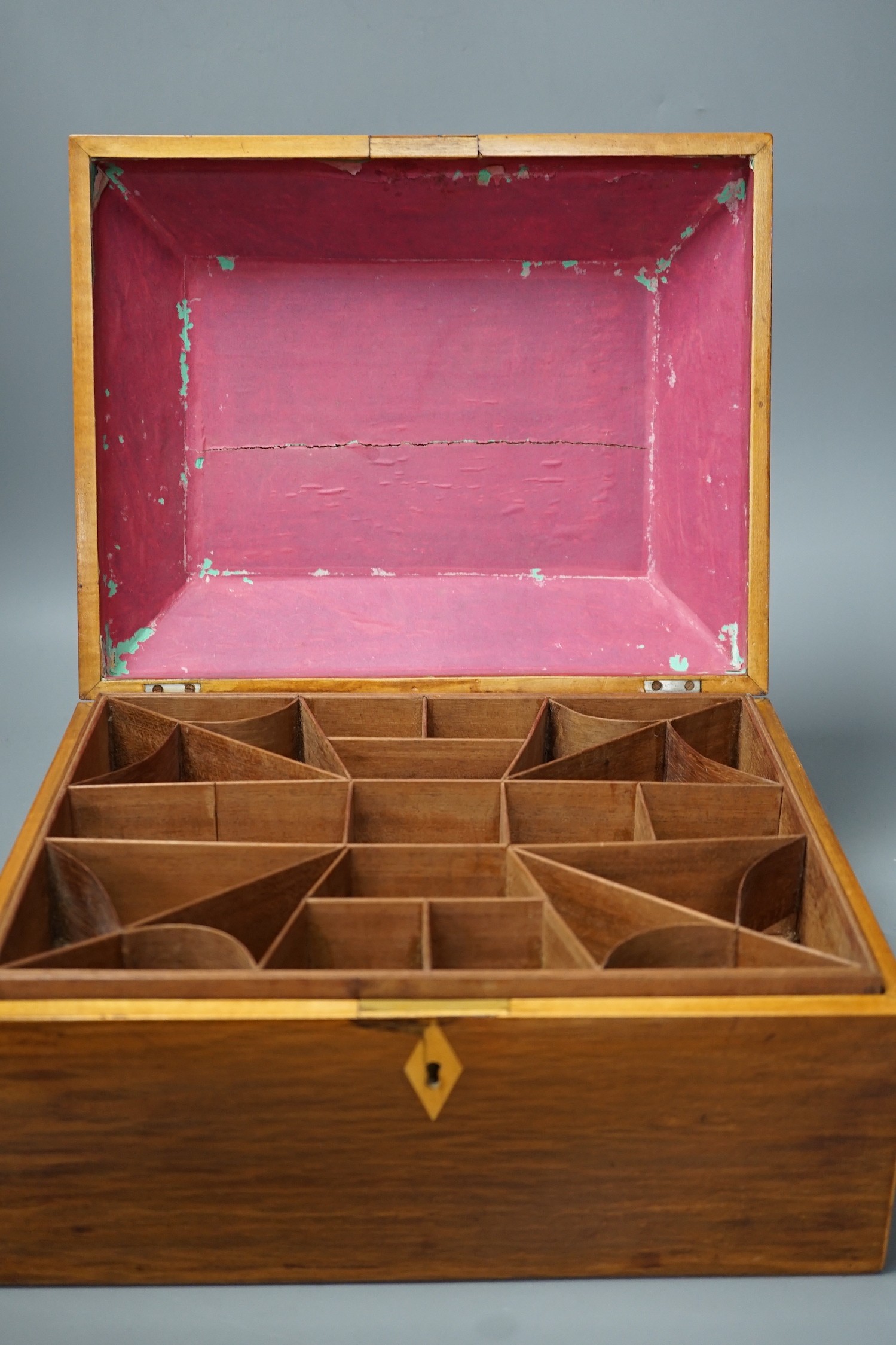 A 19th century partridge-wood and coromandel banded sewing box, together with a French parquetry kingwood jewellery box, with turned bone feet, largest 32cm wide